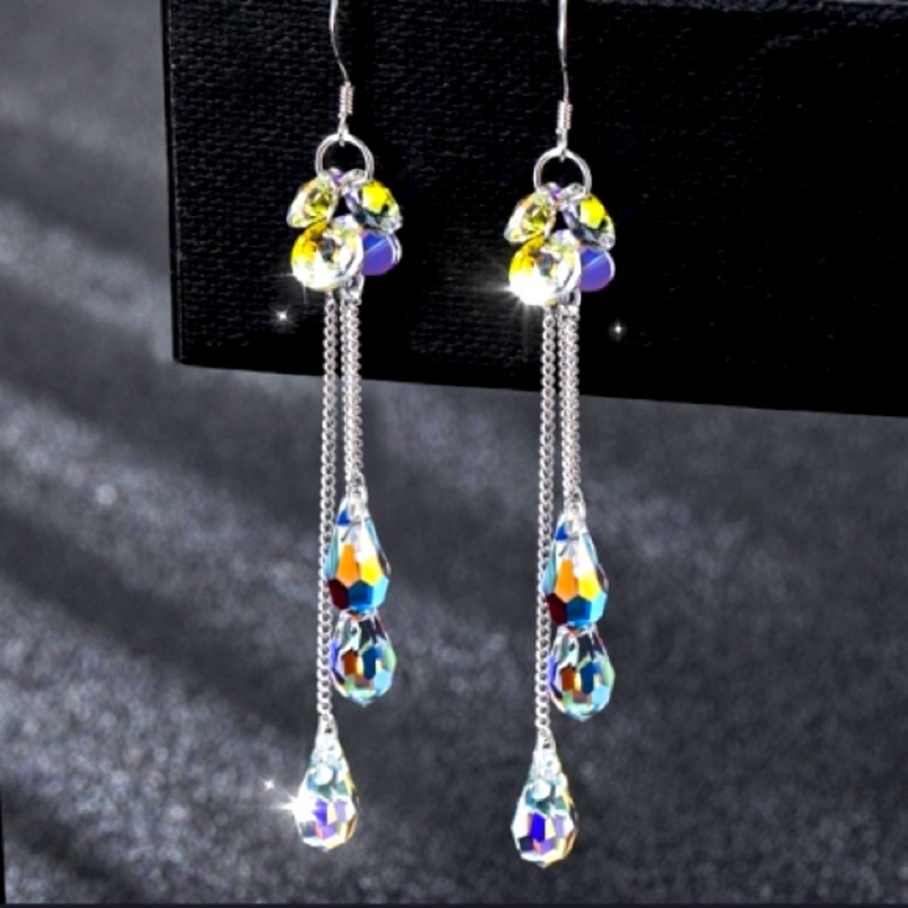 🆕925 Sterling Silver Crystal Dangle Earrings